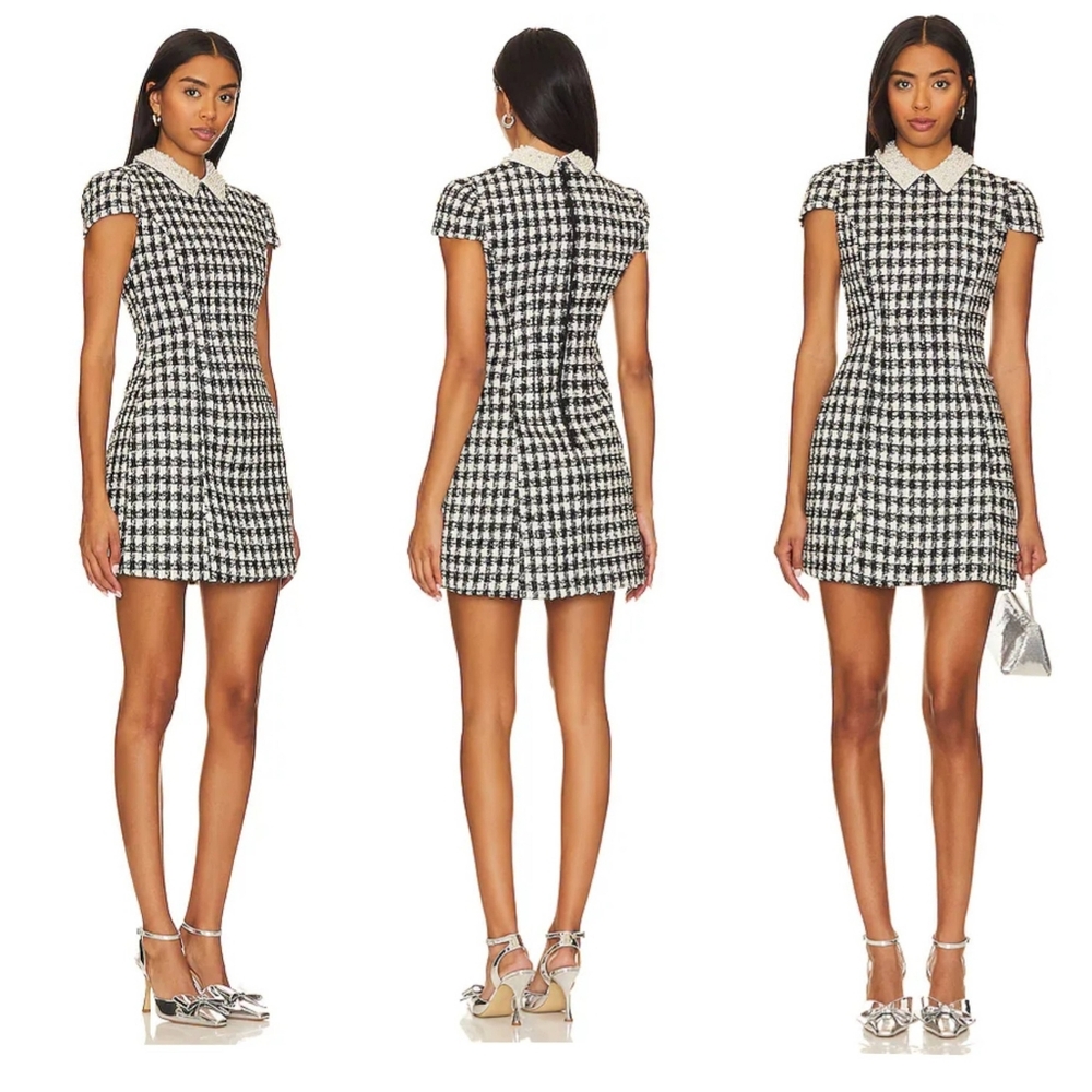 Alice + Olivia Velia Tweed Mini Dress Black Crystal Pearl Collar Size 10 - Picture 5 of 15